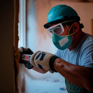 Removing old asbestos containing drywall with a pry bar and utility knife